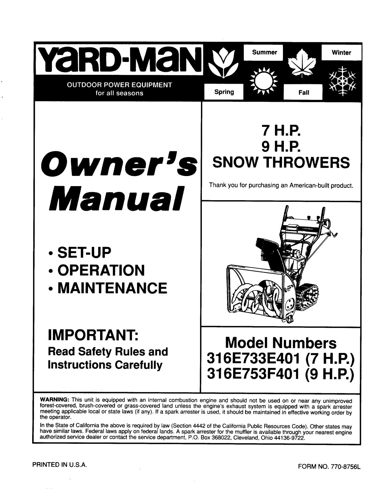 Yard-Man 316E753F401, 316E733E401 User Manual