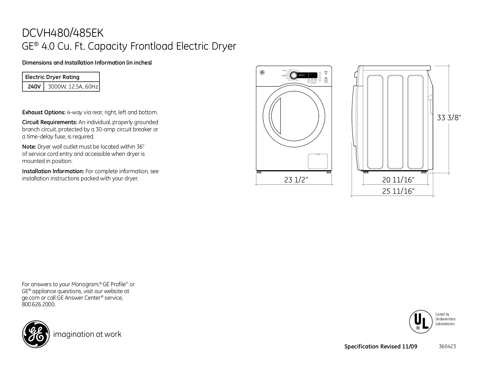 General Electric DCVH485EKMS Specsheet