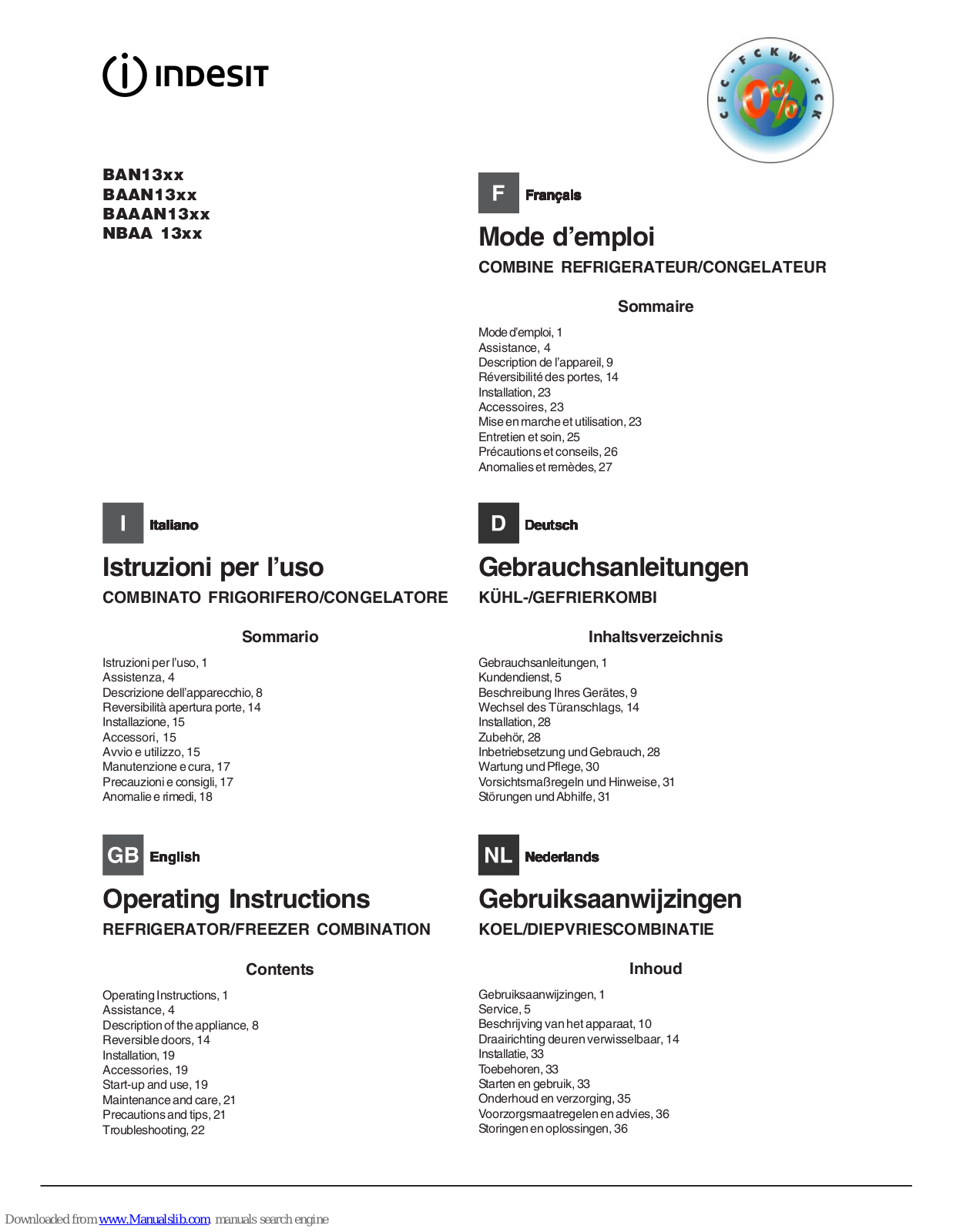 Indesit BAN13 series, BAAAN13 series, BAAN13 series, NBAA 13 series Operating Instructions Manual