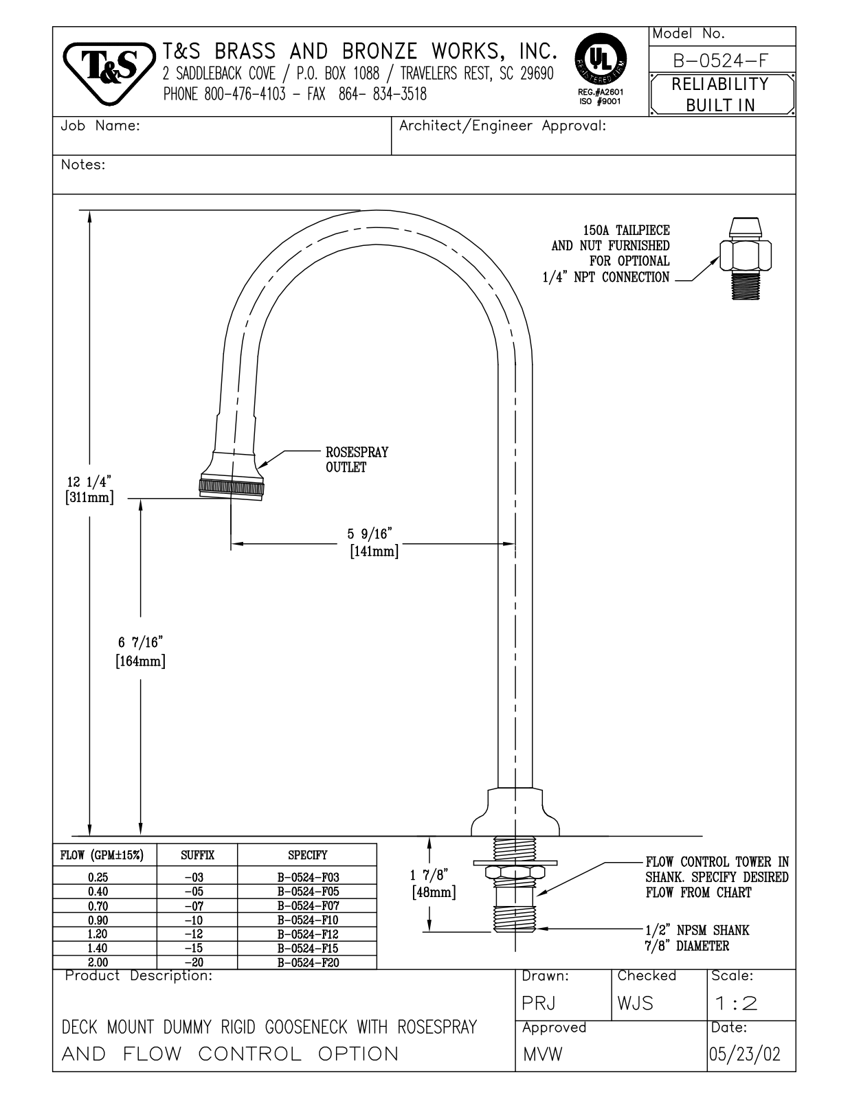 T&S Brass Manuals B-0524-F User Manual