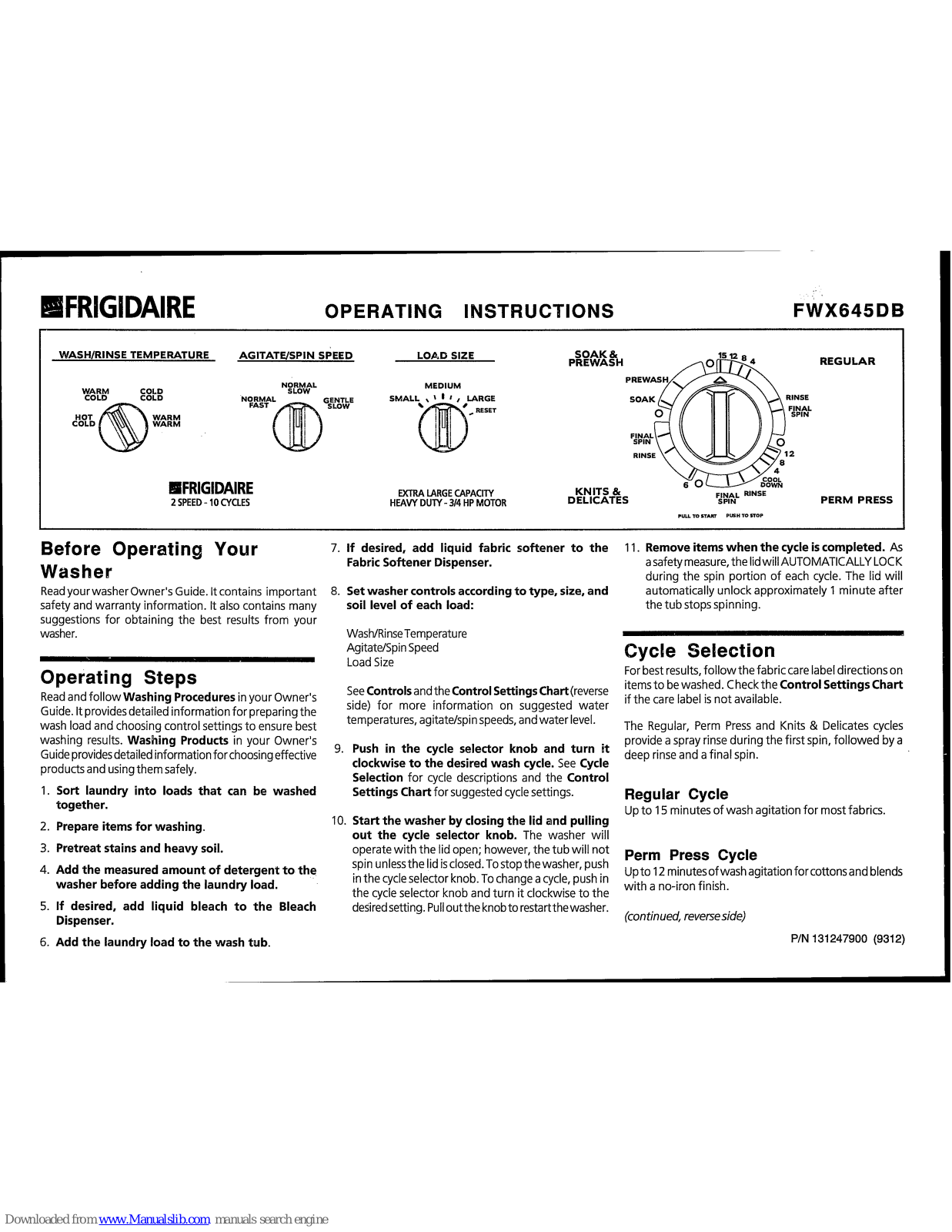 Frigidaire FWX645DB Operating Instructions Manual