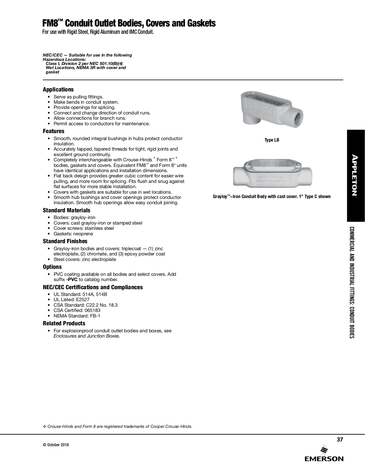 Appleton FM8™ Conduit Outlet Bodies Covers and Gaskets Catalog Page