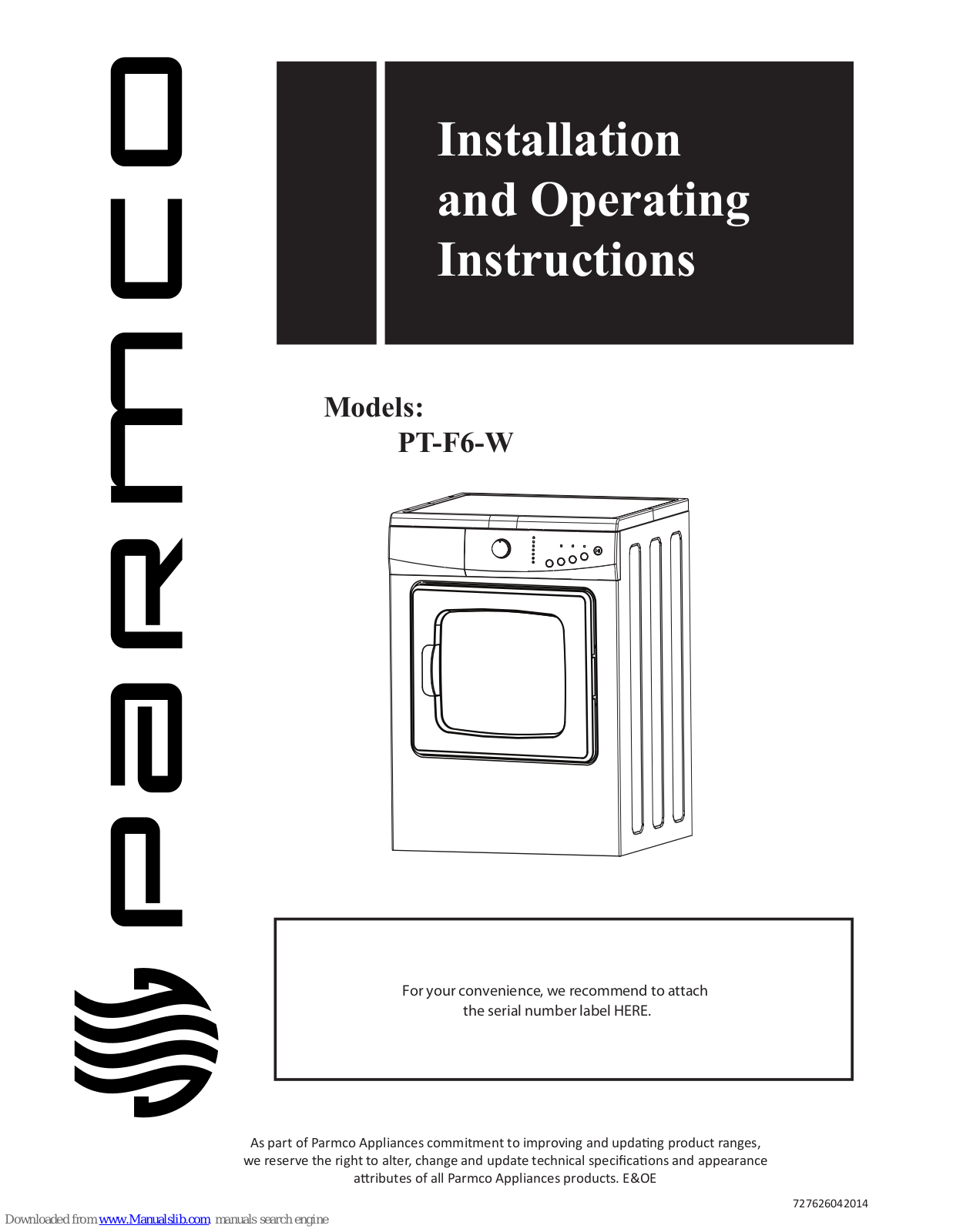 Parmco PT-F6-W Installation And Operating Instructions Manual