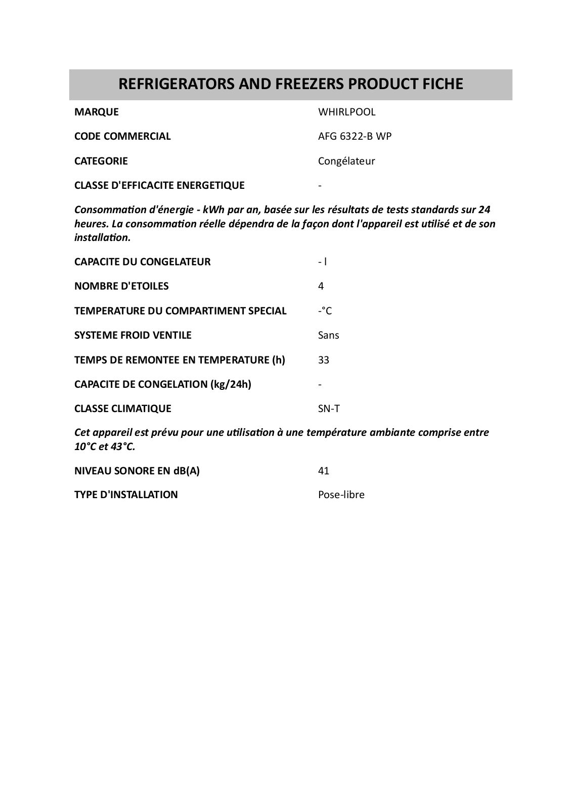 Whirlpool PFVI 111W A INSTRUCTION FOR USE