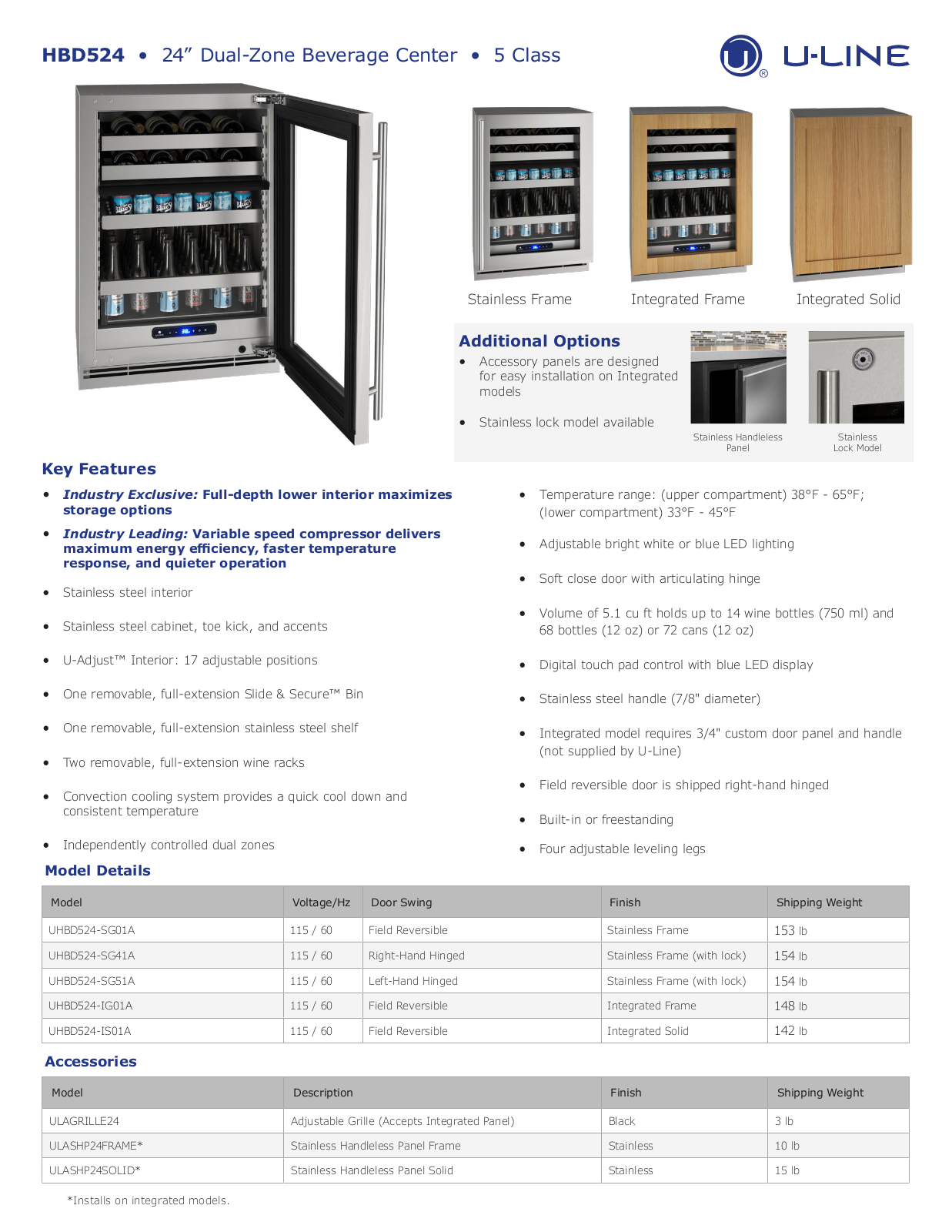 U-Line UHBD524SG41A Specifications