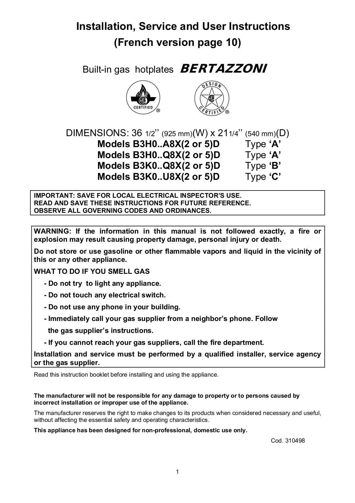 Bertazzoni Q36M500XLP, Q36500X Use & Care