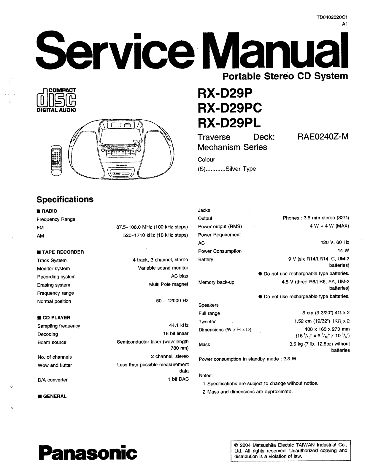 Panasonic RXD-29, RXD-29-P, RXD-29-PC, RXD-29-PL Service manual