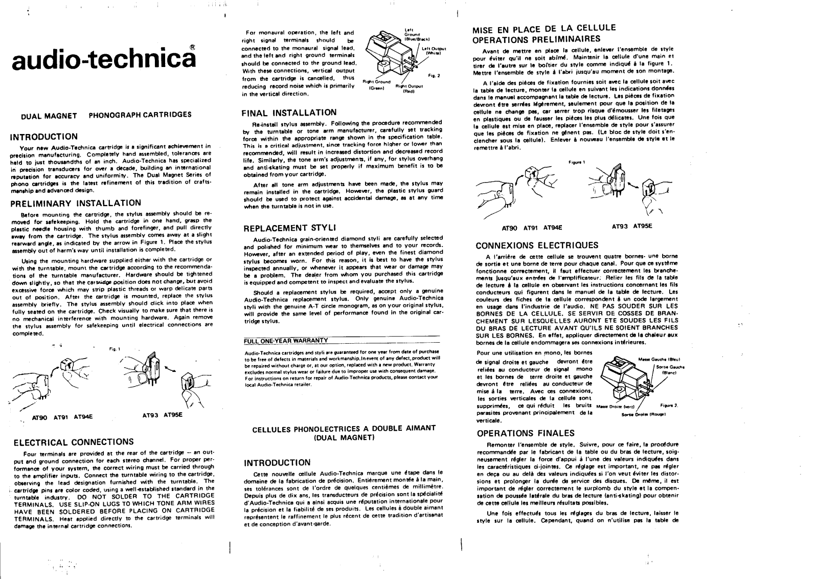 Audio Technica AT-95-E, AT-94-E, AT-93, AT-91, AT-90 Owners Manual