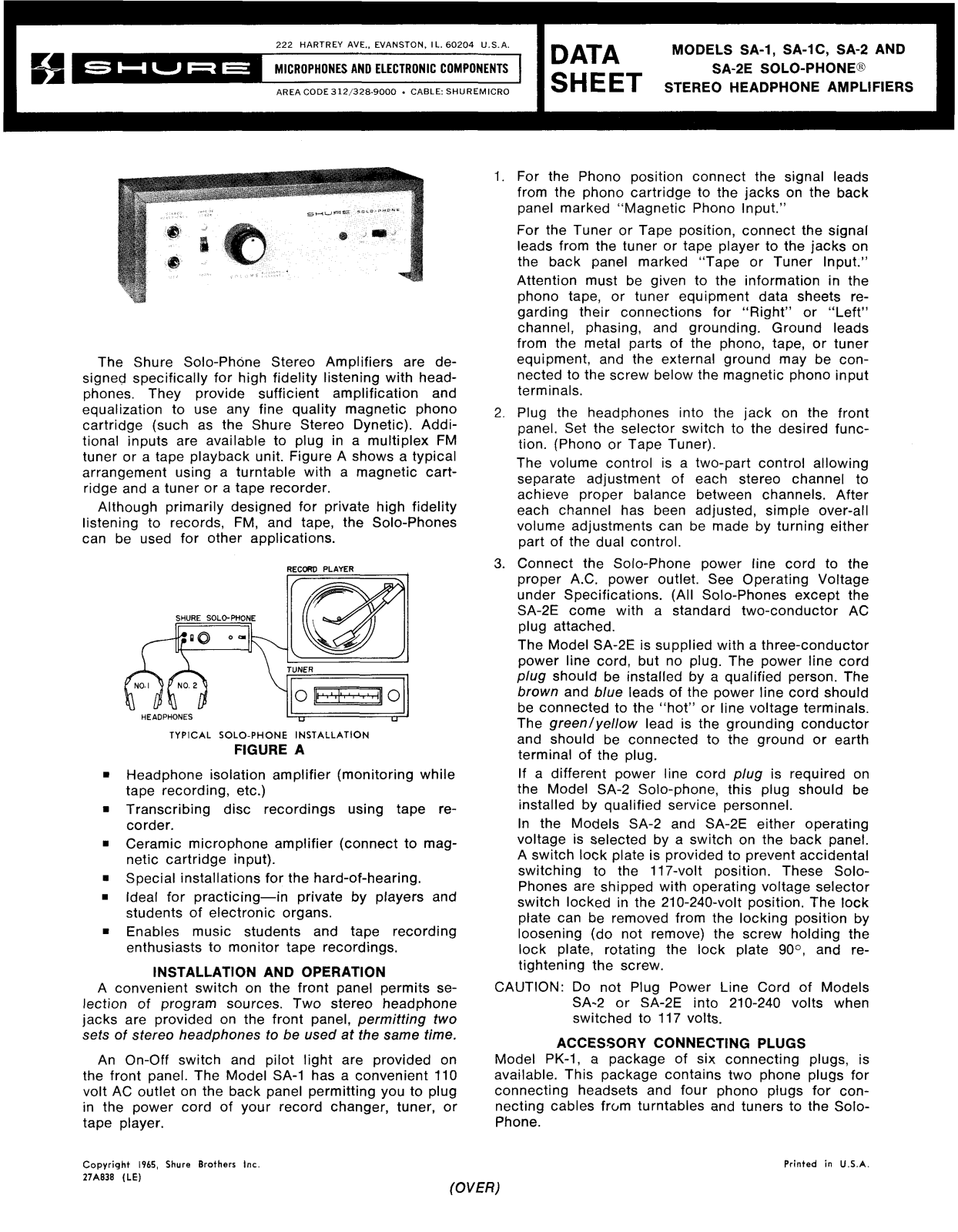 Shure SA-lC, SA-2, SA-2E User Guide - ManualMachine.com