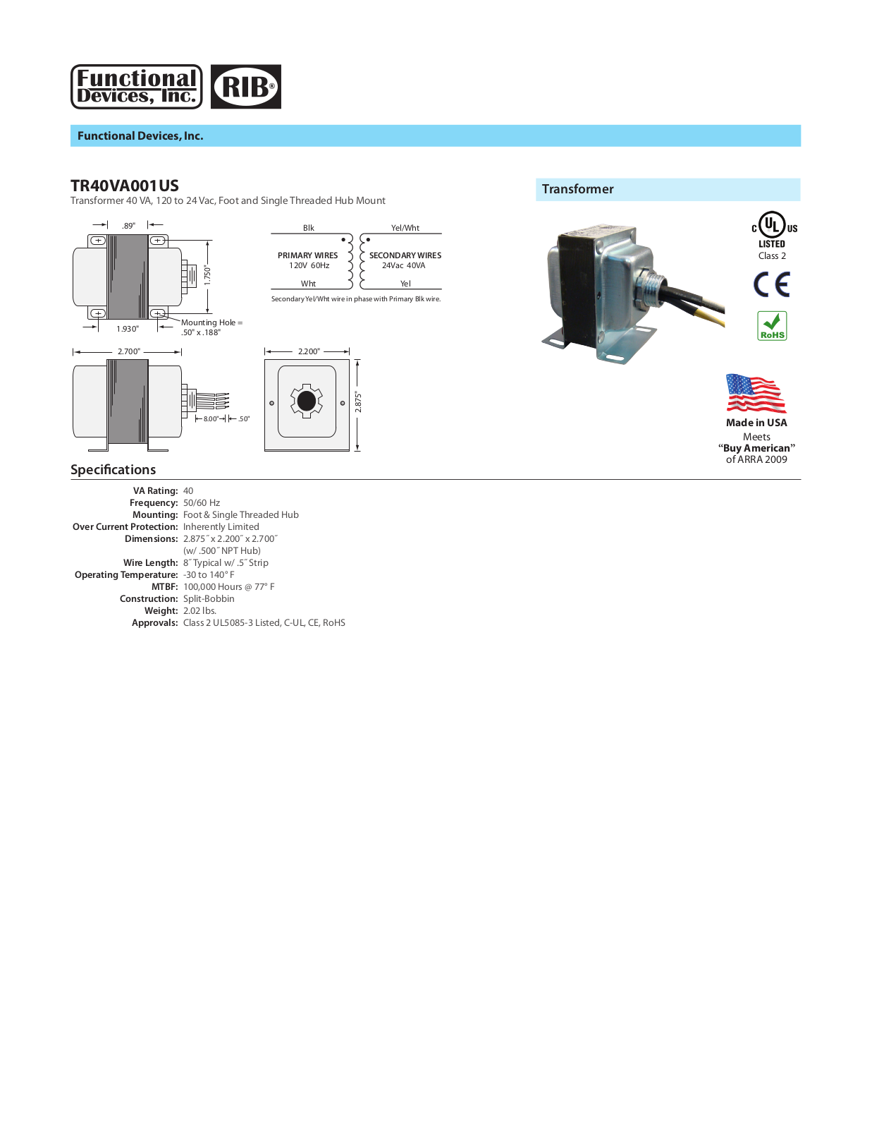 Johnson Controls TR40VA001US Data Sheet