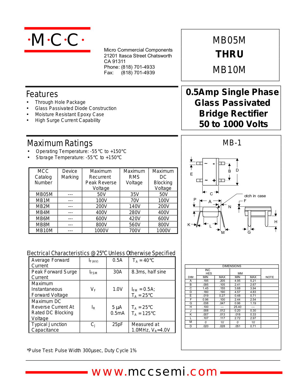 MCC MB6M, MB2M, MB1M, MB10M, MB4M Datasheet