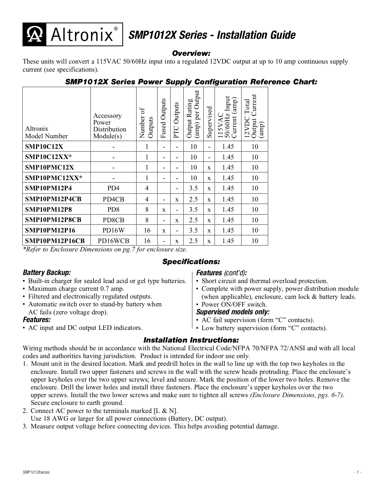 Altronix SMP10PMC12X Installation Instructions