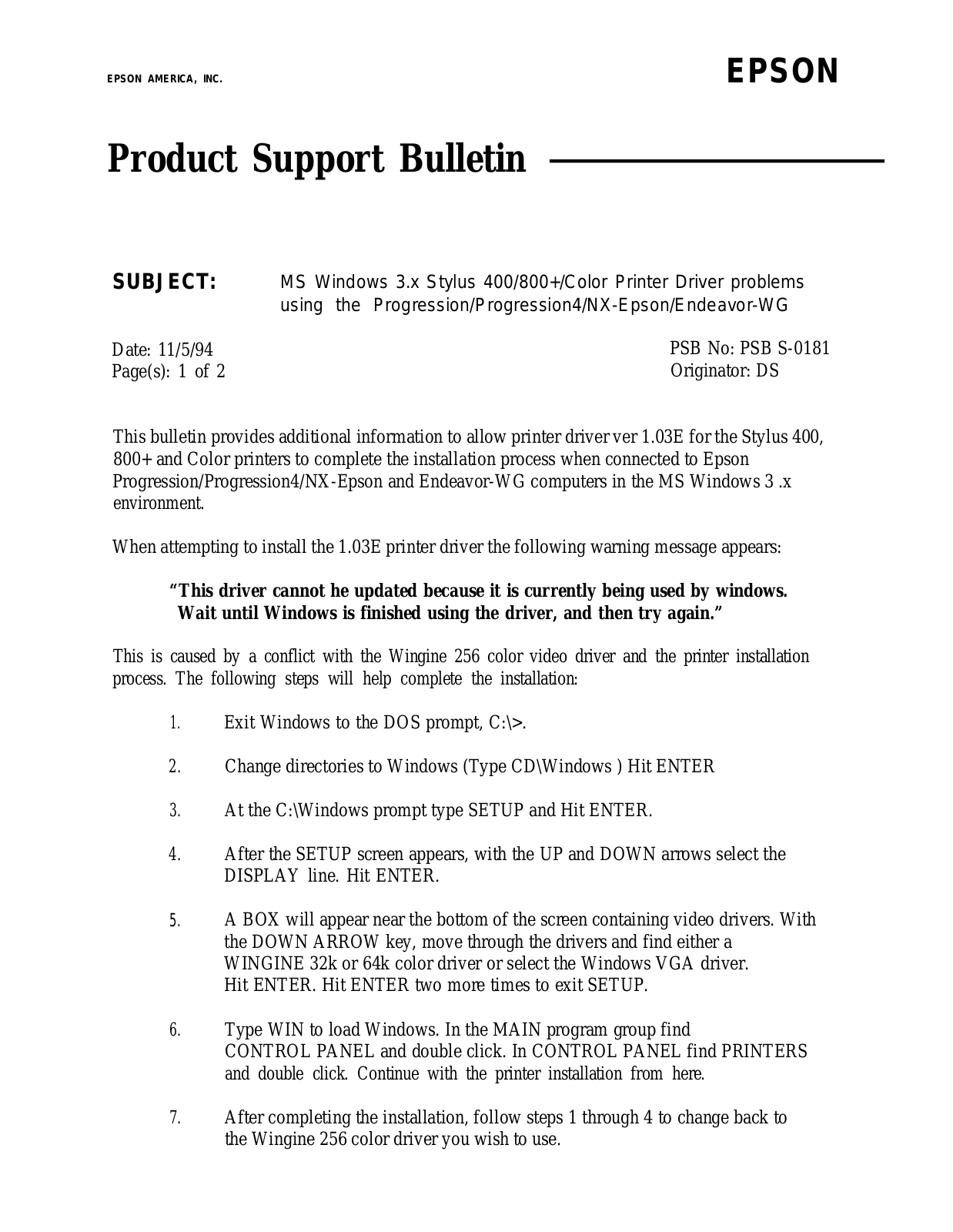 Epson Progression Product Support Bulletin