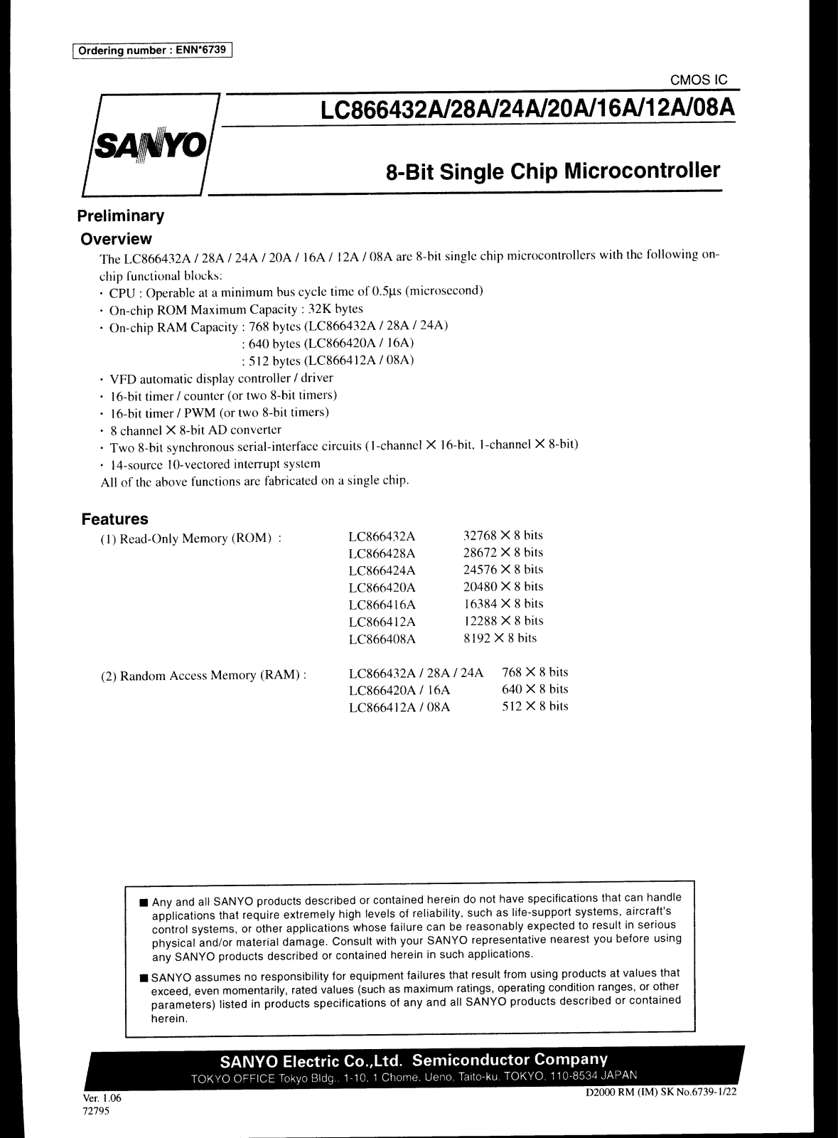 SANYO LC866428A, LC866424A, LC866416A, LC866408A, LC866432A Datasheet