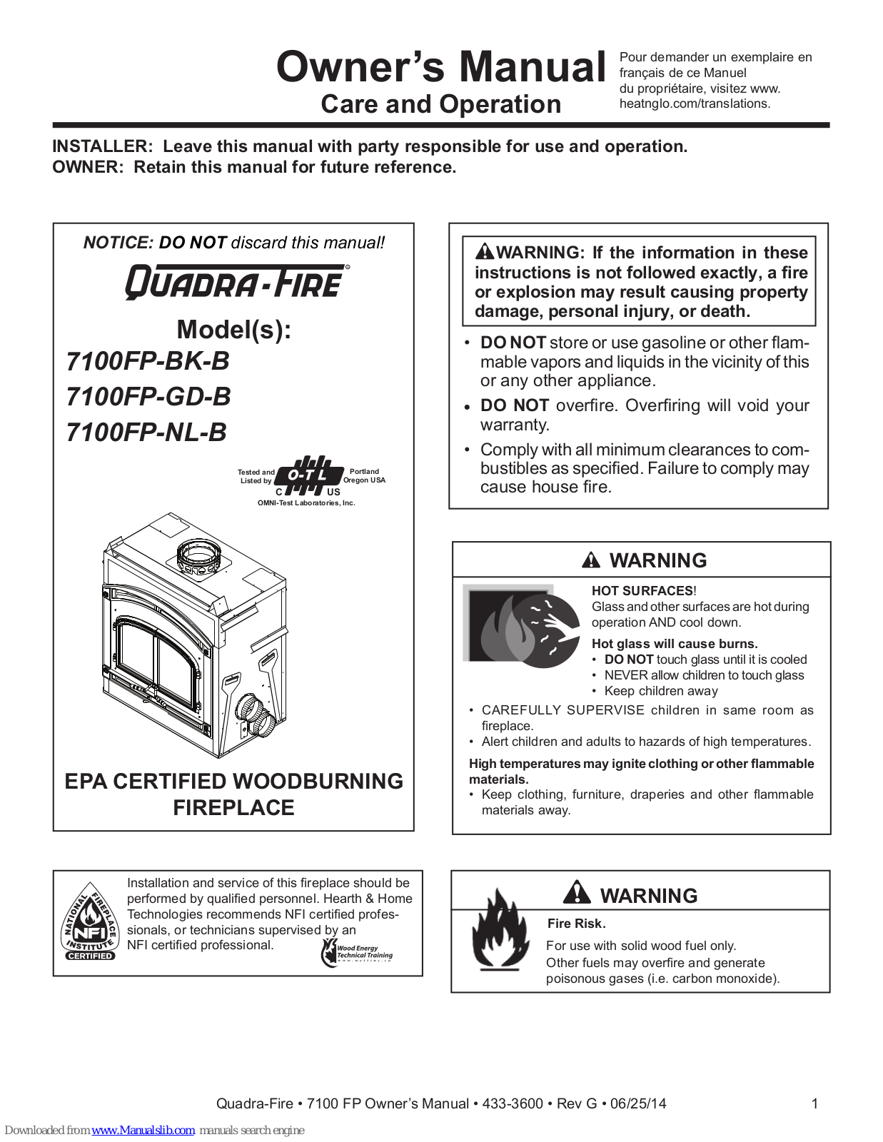 Quadra-Fire 7100FP-BK-B, 7100FP-GD-7100FP-NL-B, 7100FP-NL-B Owner's Manual