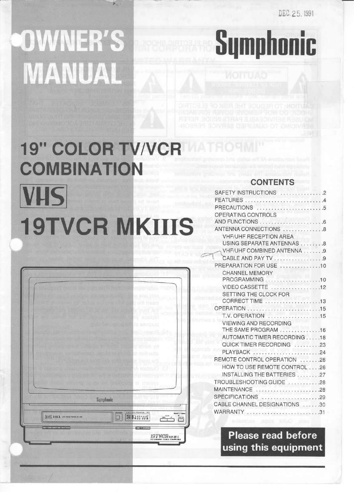 Symphonic 19TVCRMKIIIS User Manual