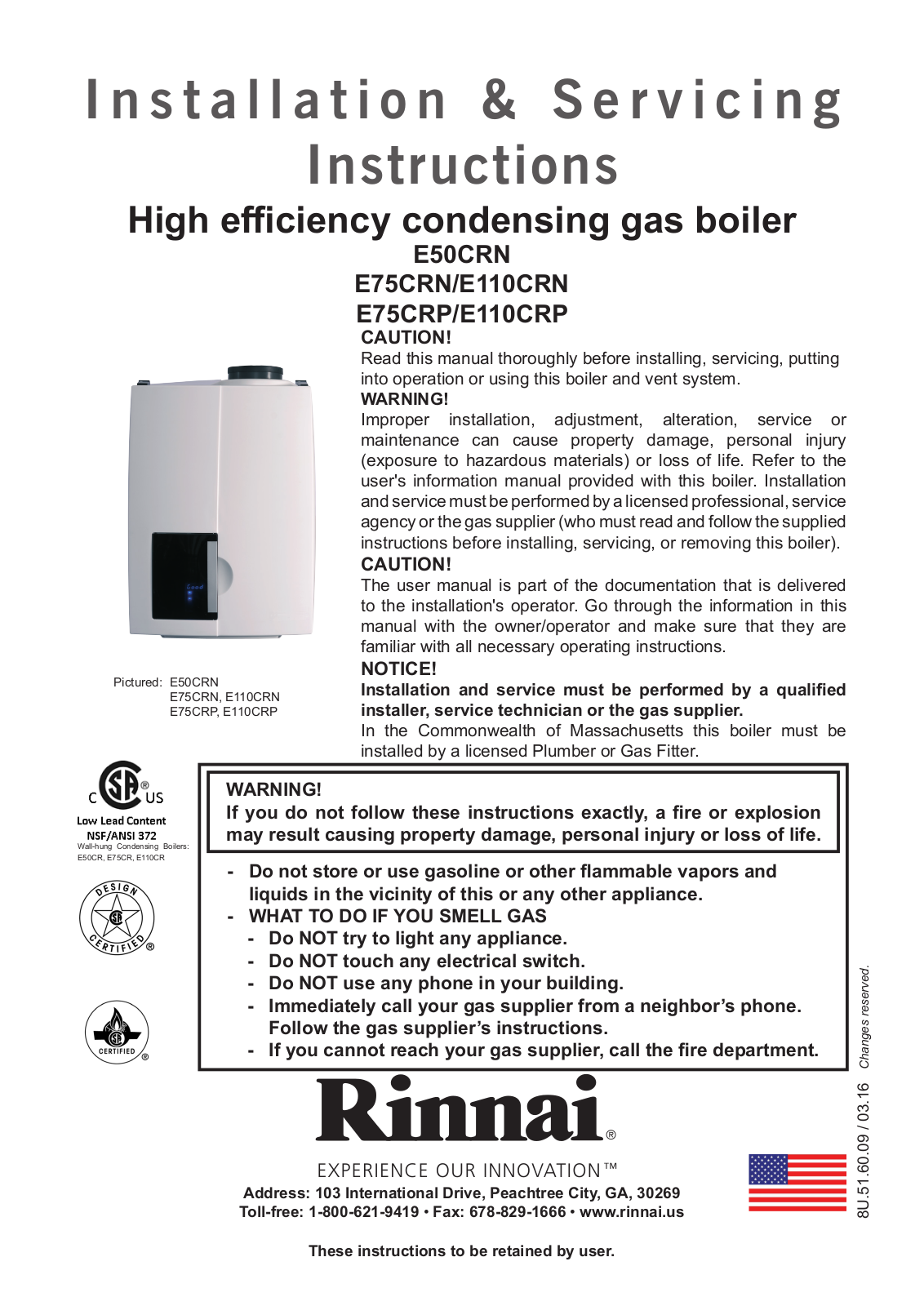 Rinnai Water Heater E110CRN Installation  Manual