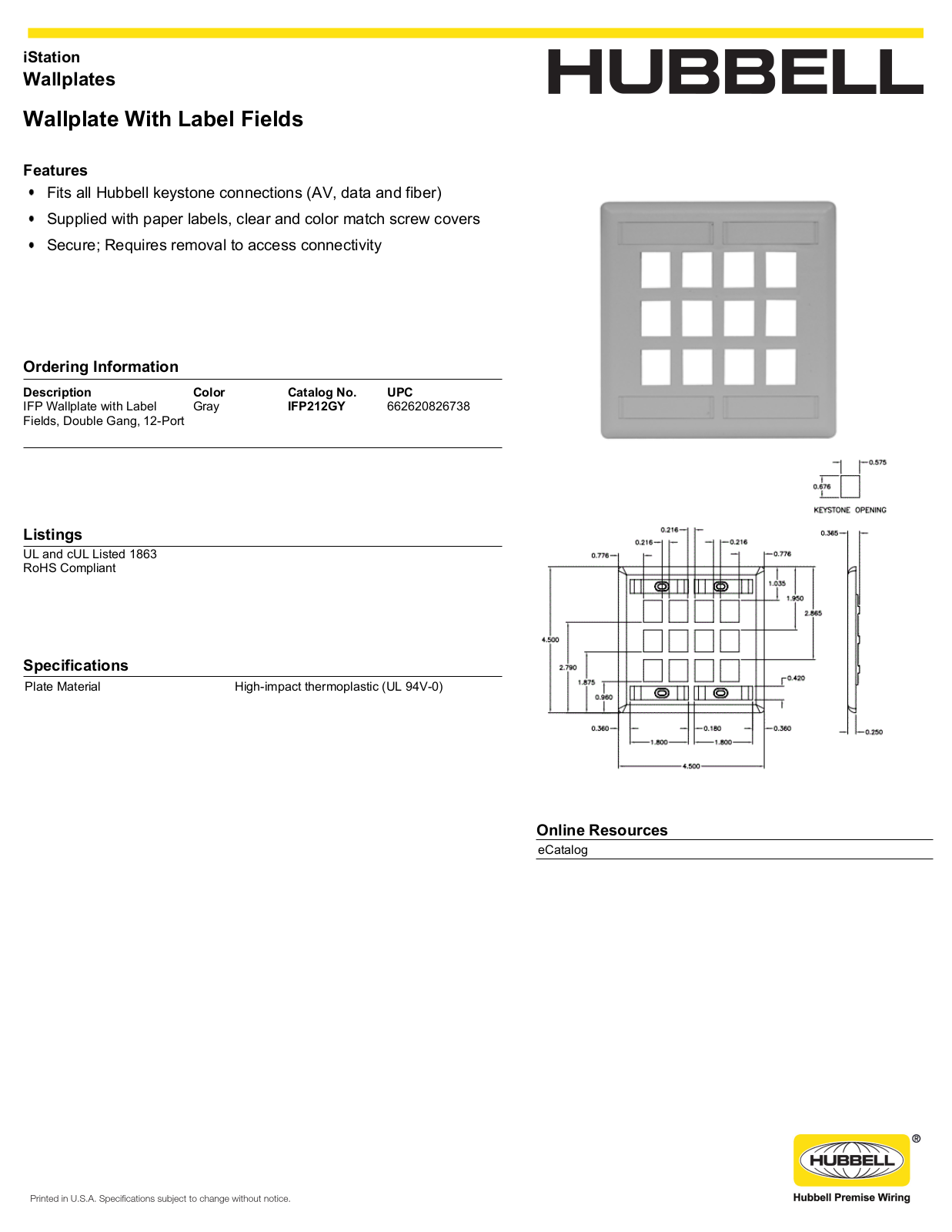 Hubbell IFP212GY Specifications