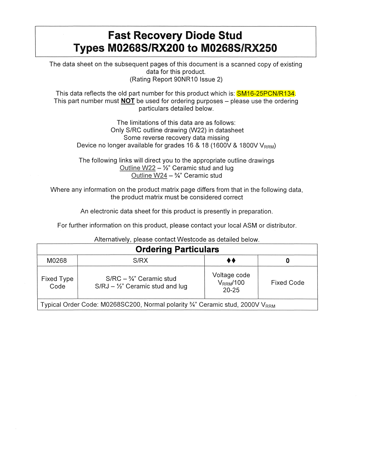 Datasheet M0268S200, M0268S250, M0268RX200, M0268RX250 Datasheet (Westcode Semiconductors) - ManualMachine.com