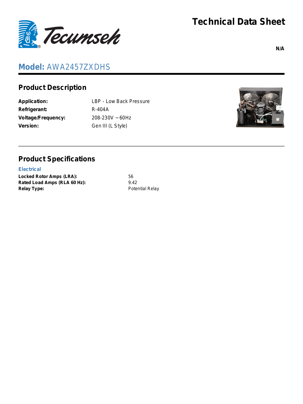 Tecumseh AWA2457ZXDHS Technical Data Sheet