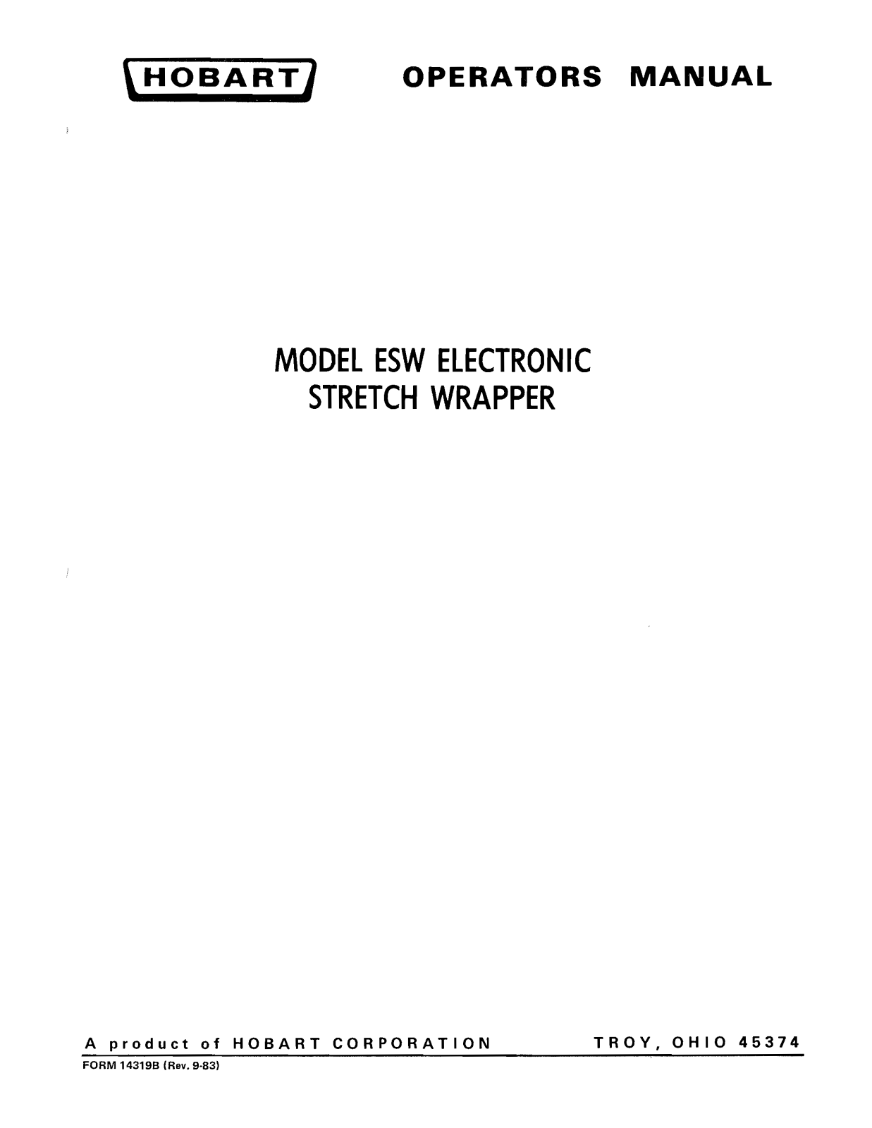 Hobart Food Machines ESW-1 Installation  Manual