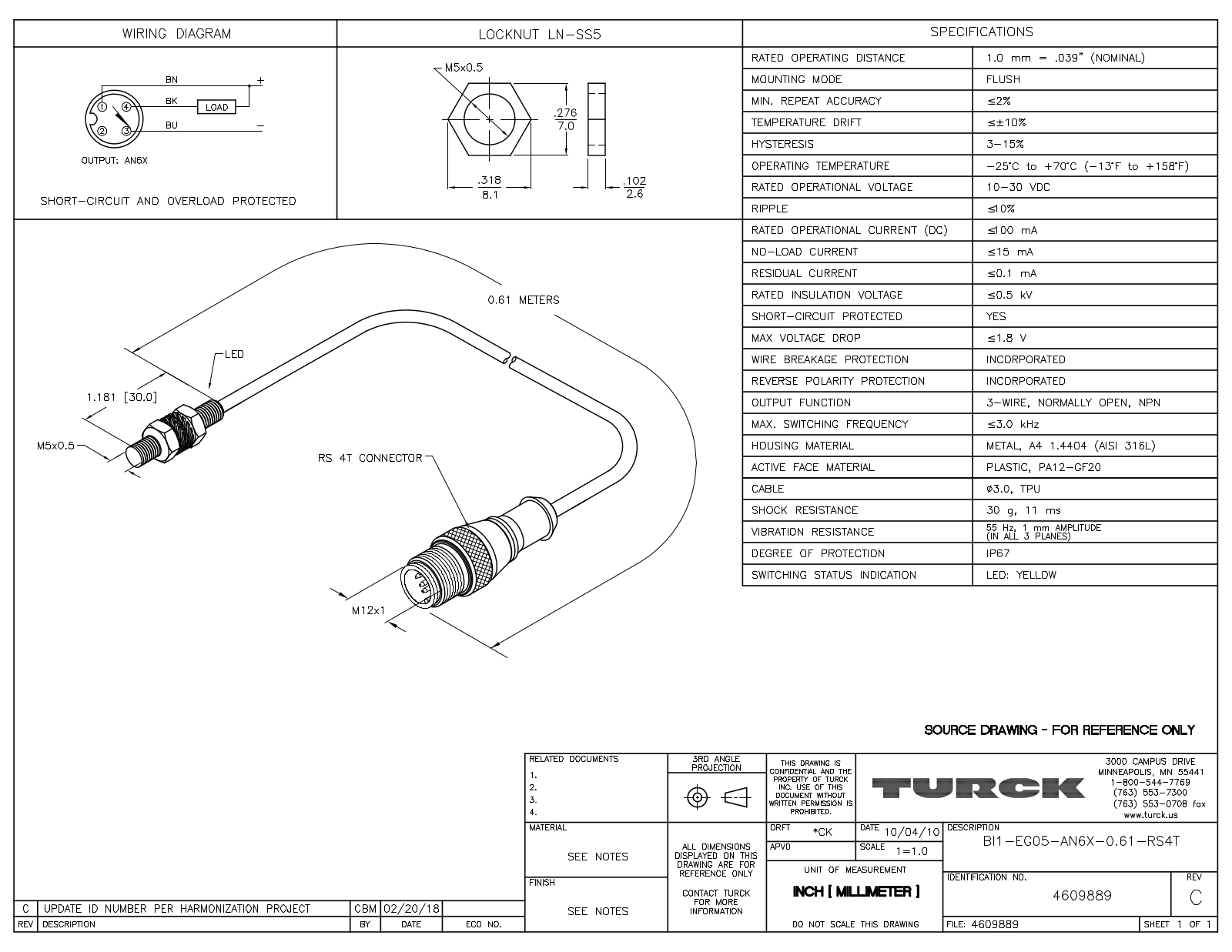 Turck BI1-EG05-AN6X-0.61-RS4T Data Sheet