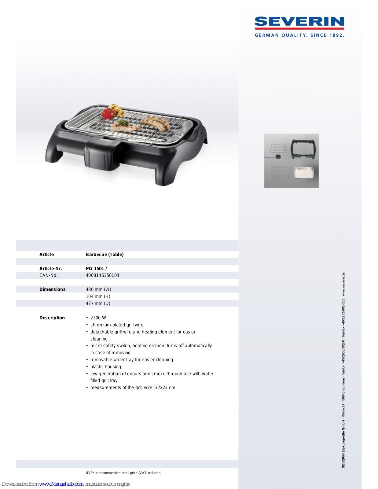 SEVERIN BARBECUE,PG 1501 Dimensions