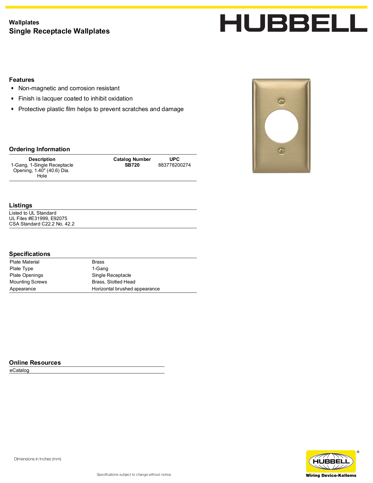 Hubbell SB720 Specifications