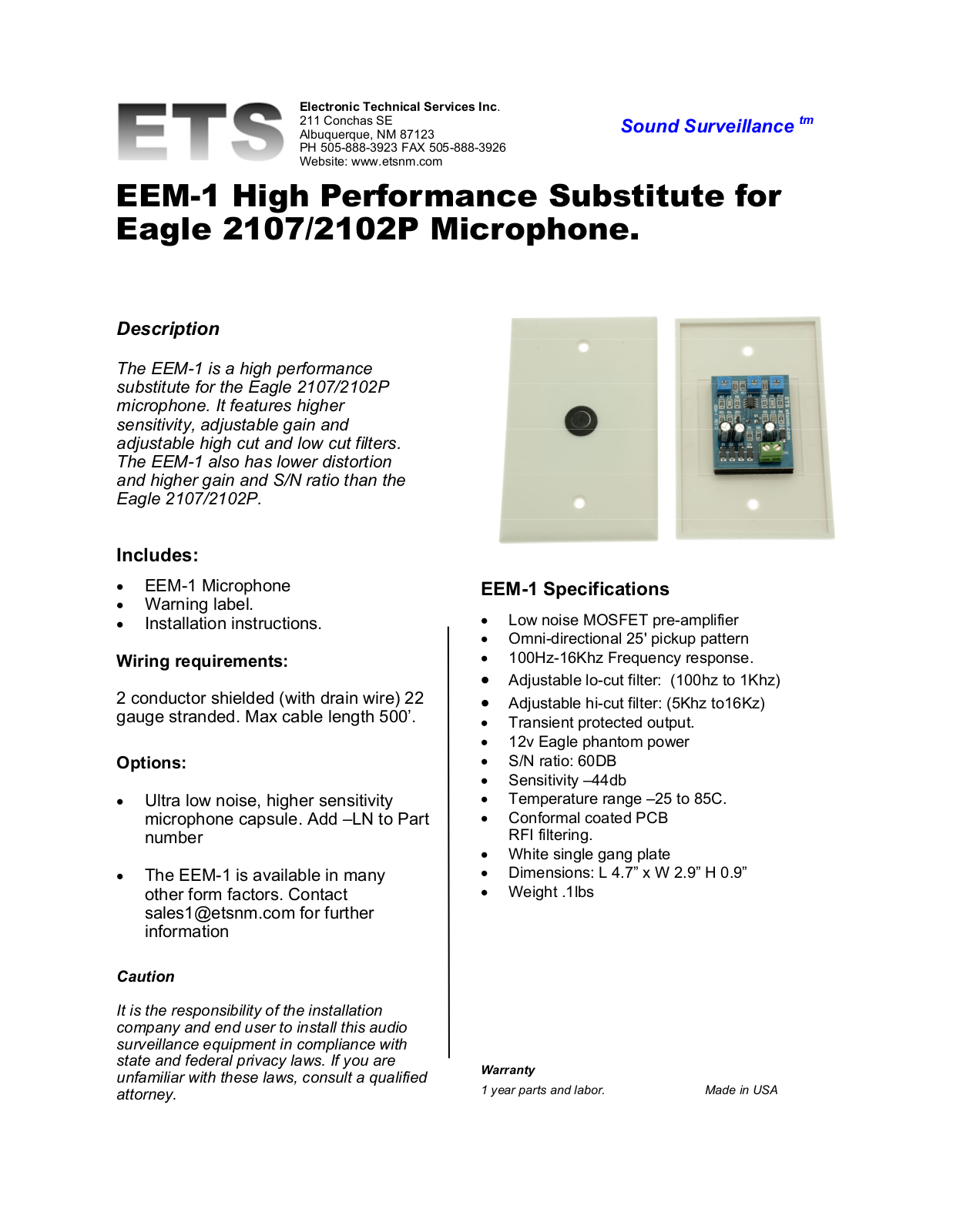 ETS EEM-1 Specsheet