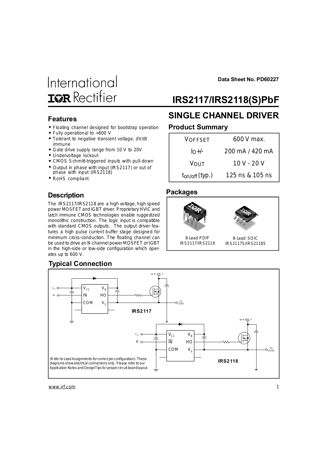 International Rectifier IRS2117STRPBF, IRS2117PBF Datasheet