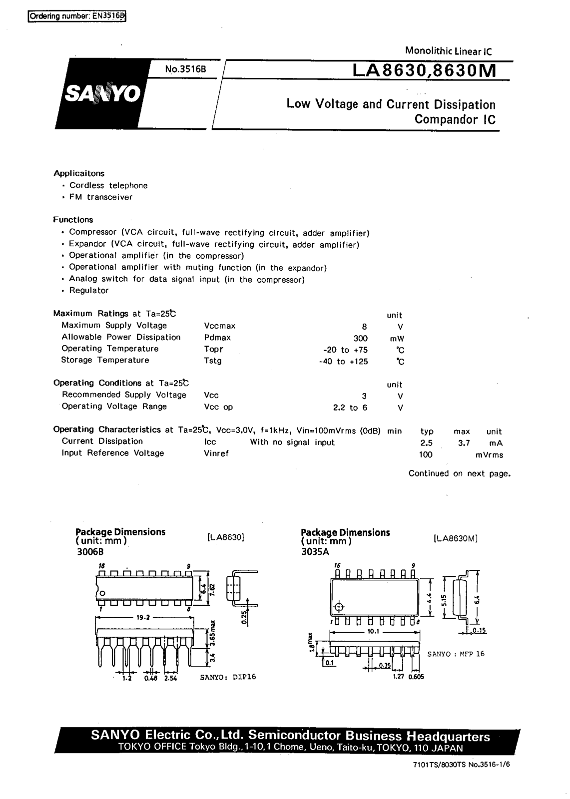 SANYO LA8630, LA8630M Datasheet