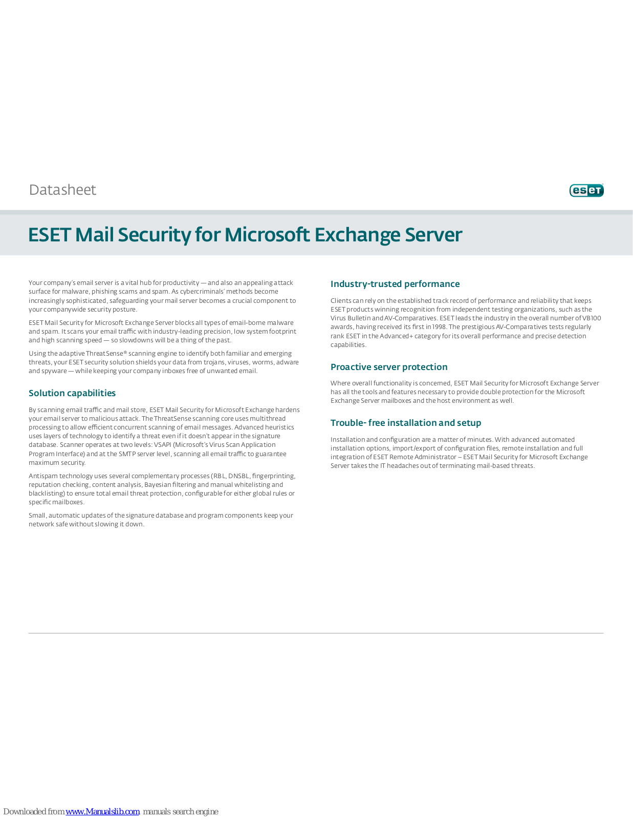 ESET MAIL SECURITY - DATASHEET FOR MICROSOFT EXCHANGE SERVER Datasheet