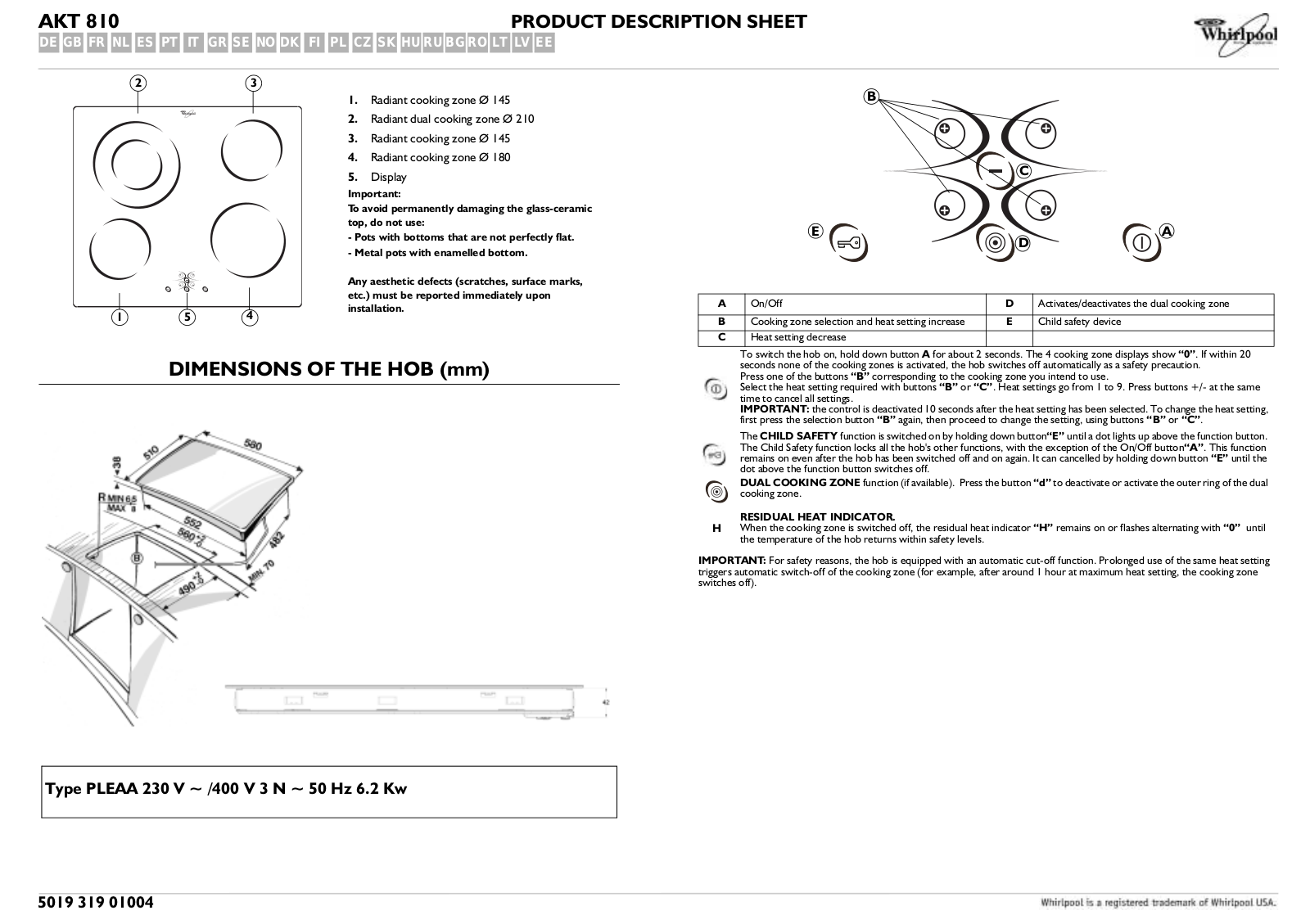 Whirlpool AKT 810/NE INSTRUCTION FOR USE