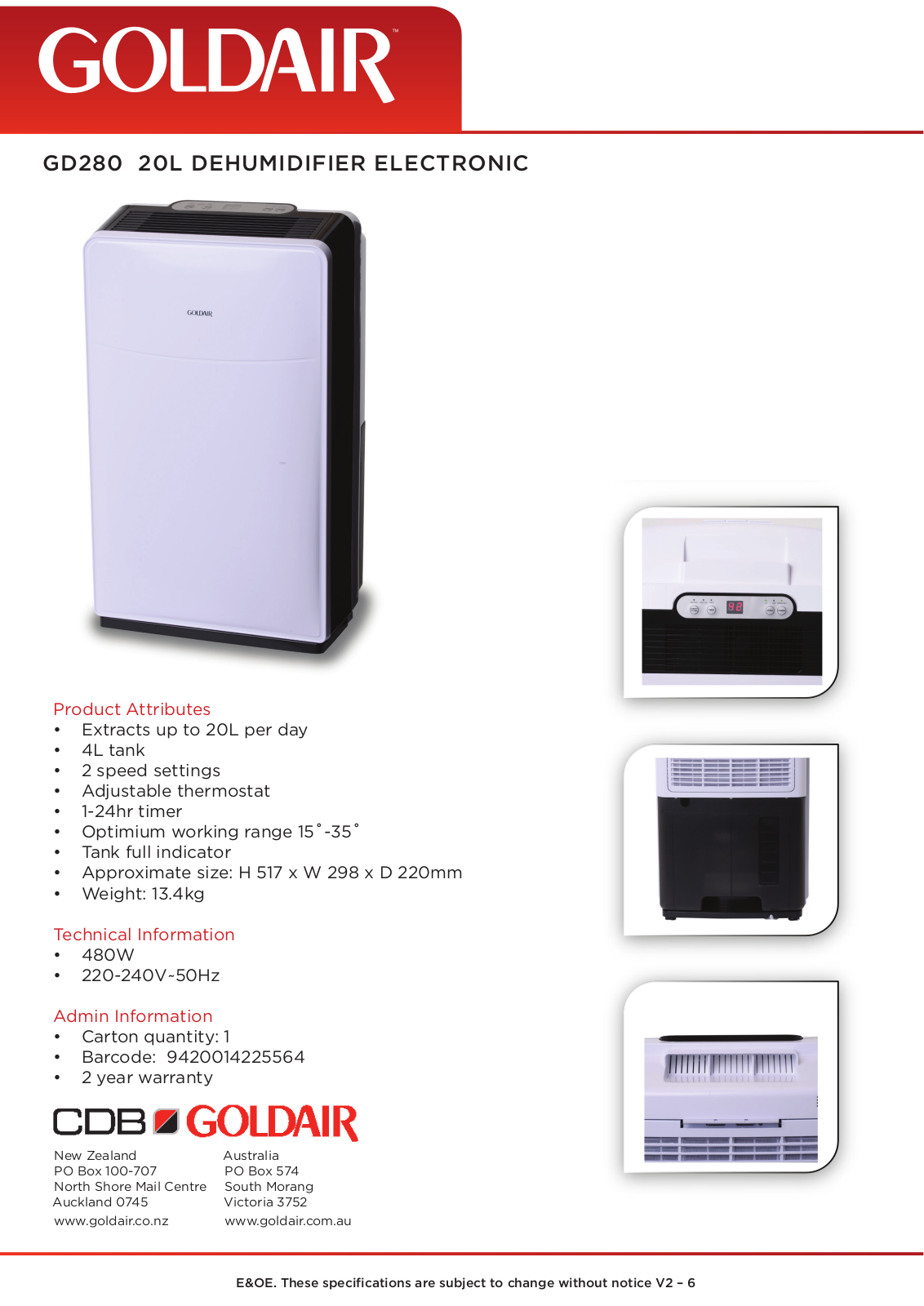 Goldair GD280 Specifications Sheet