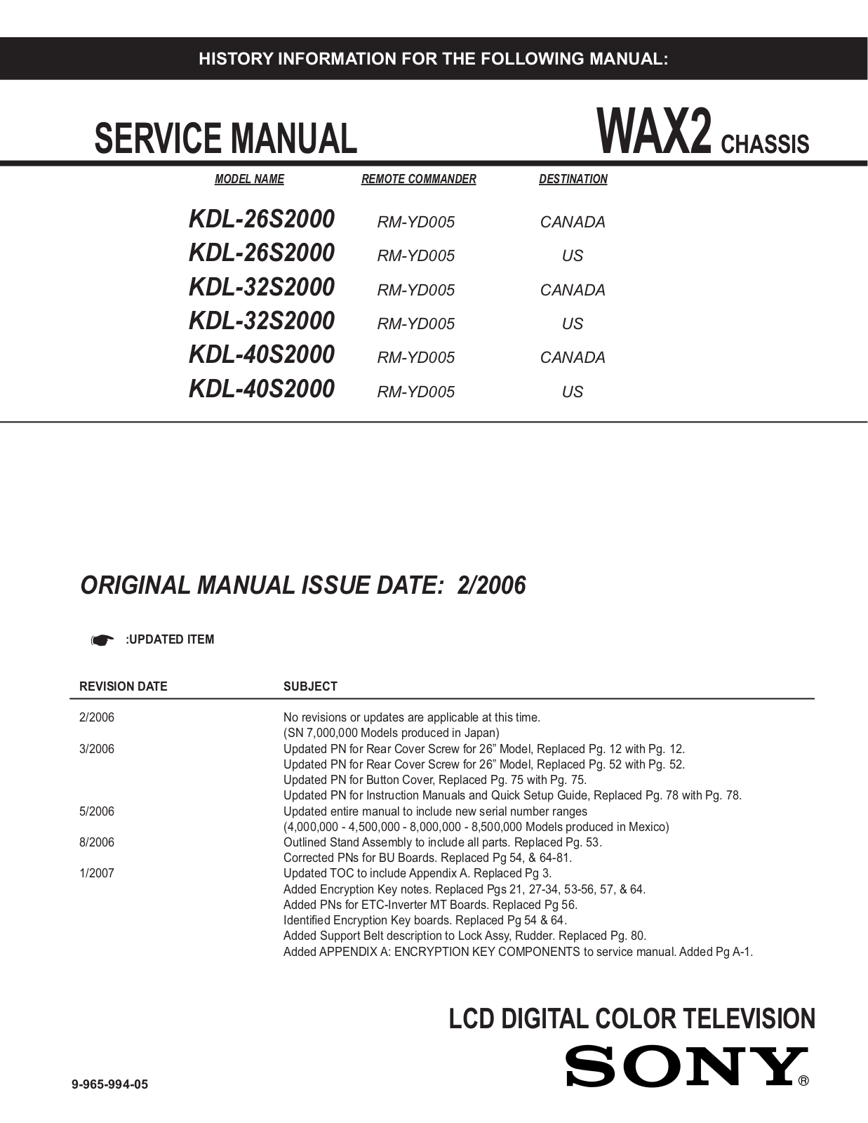 Sony KDL-26S2000, KDL-32S2000, KDL-40S2000 Service Manual