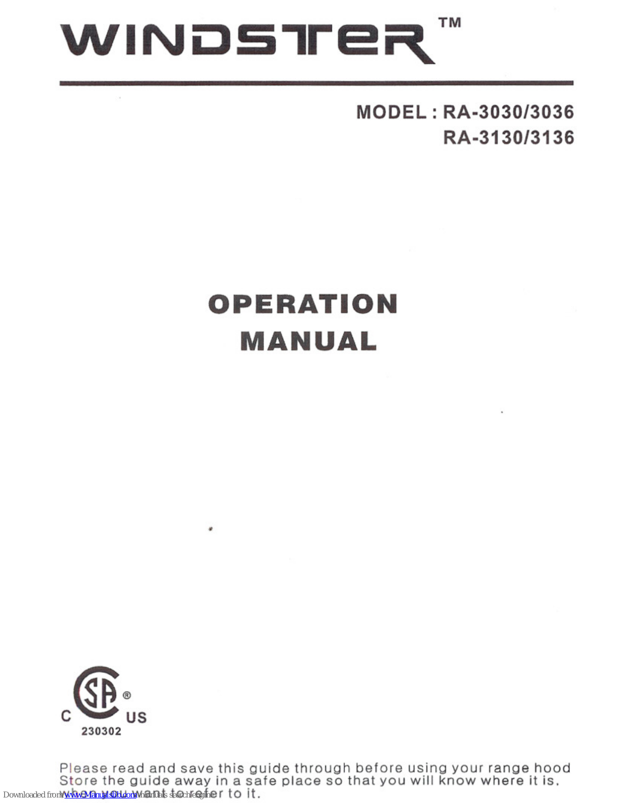 Windster RA-3030, RA-3036, RA-3130, RA-3136 Operation Manual - ManualMachine.com