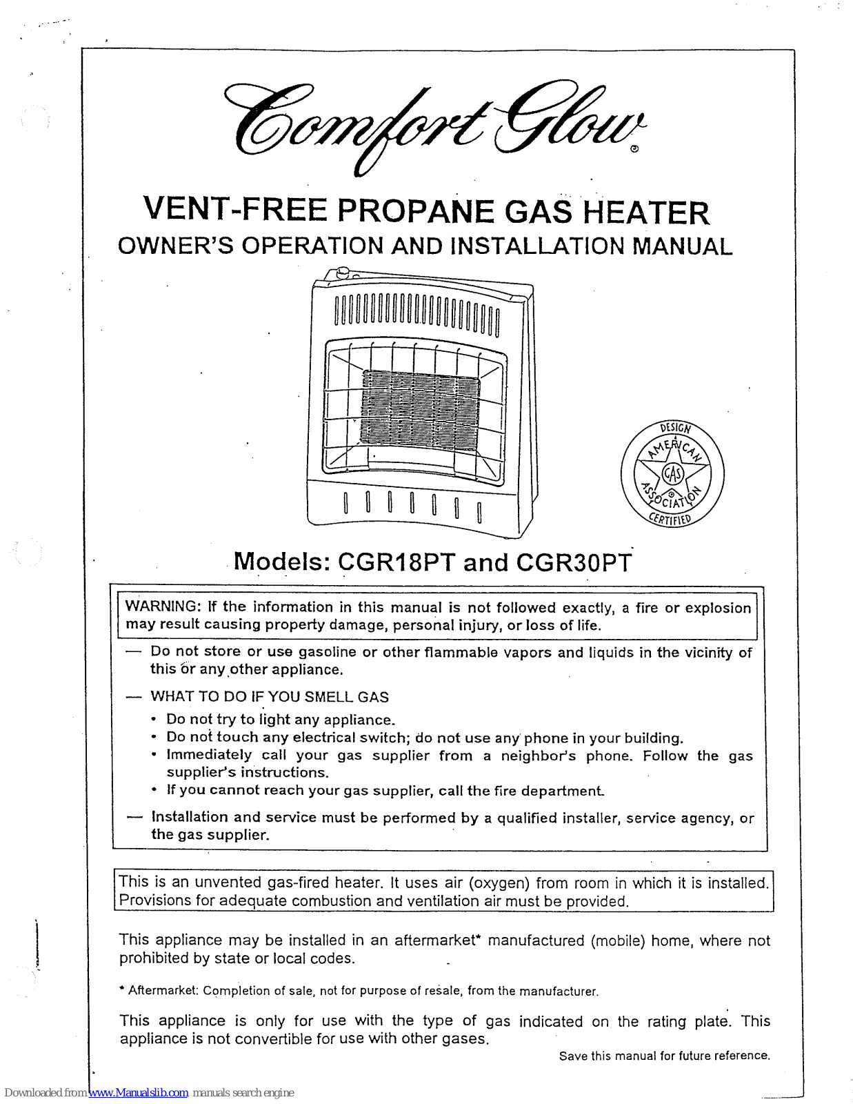 Comfort Glow CGR18PT, CGR30PT Owner's Operation And Installation Manual