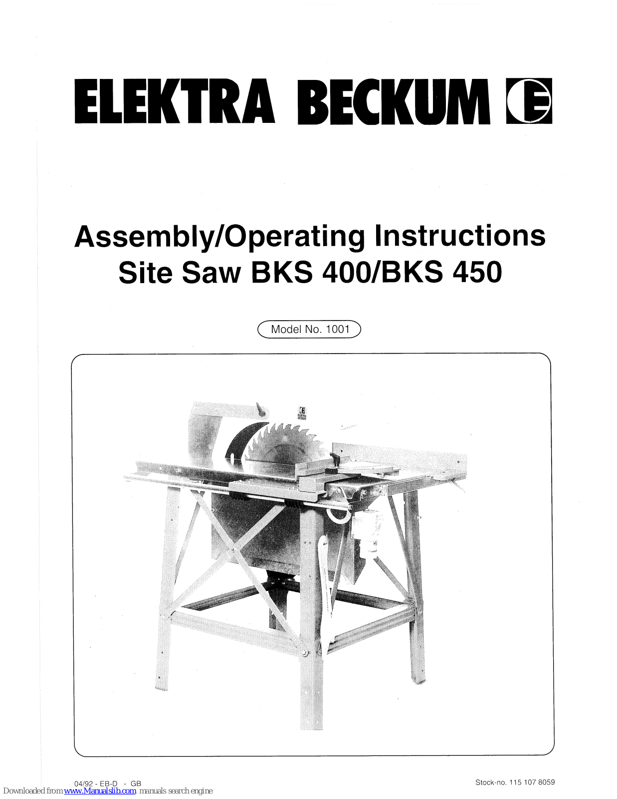 Elektra Beckum BKS 450, 1001 Assembly & Operating Instructions