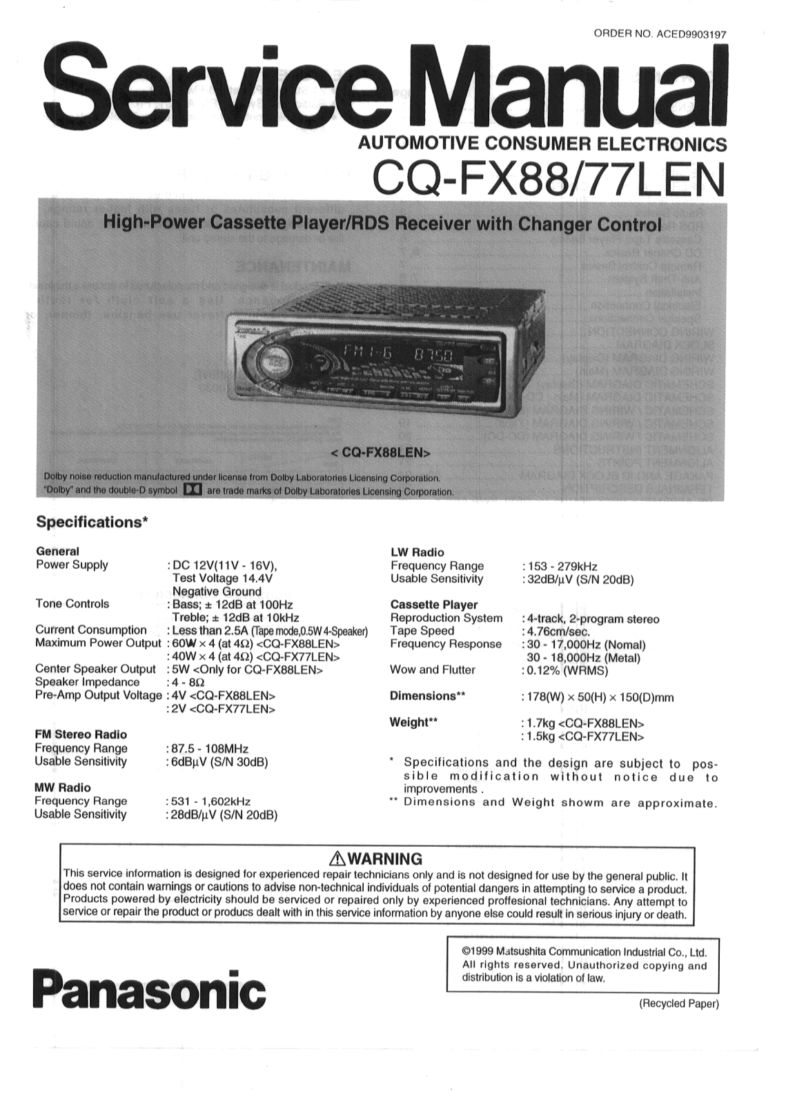 Panasonic CQ-FX88 Service Manual