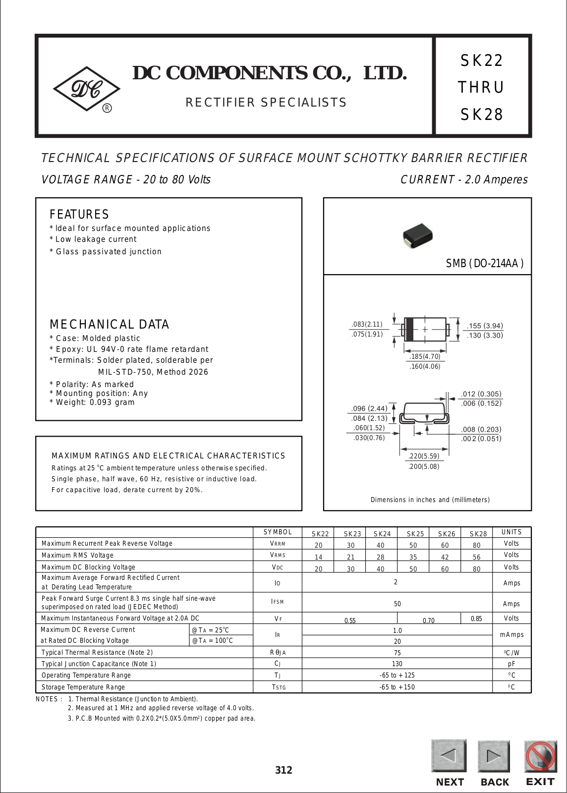 DC COMPONENTS SK22, SK26, SK28, SK24, SK25 Datasheet