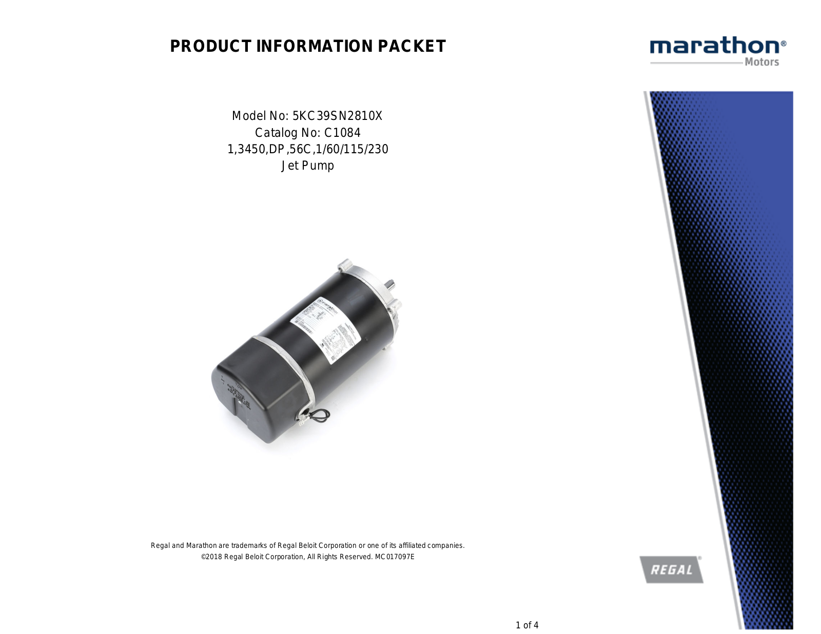 Marathon Electric 5KC39SN2810X Product Information Packet