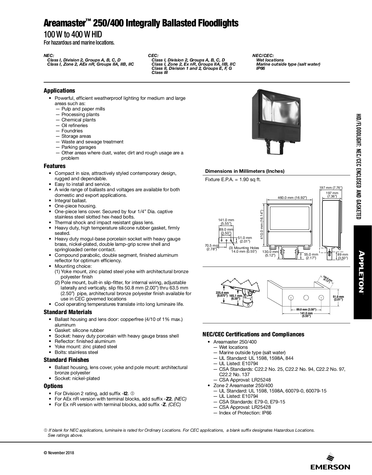 Appleton Areamaster™ 250/400 Integrally Ballasted Floodlights Catalog Page