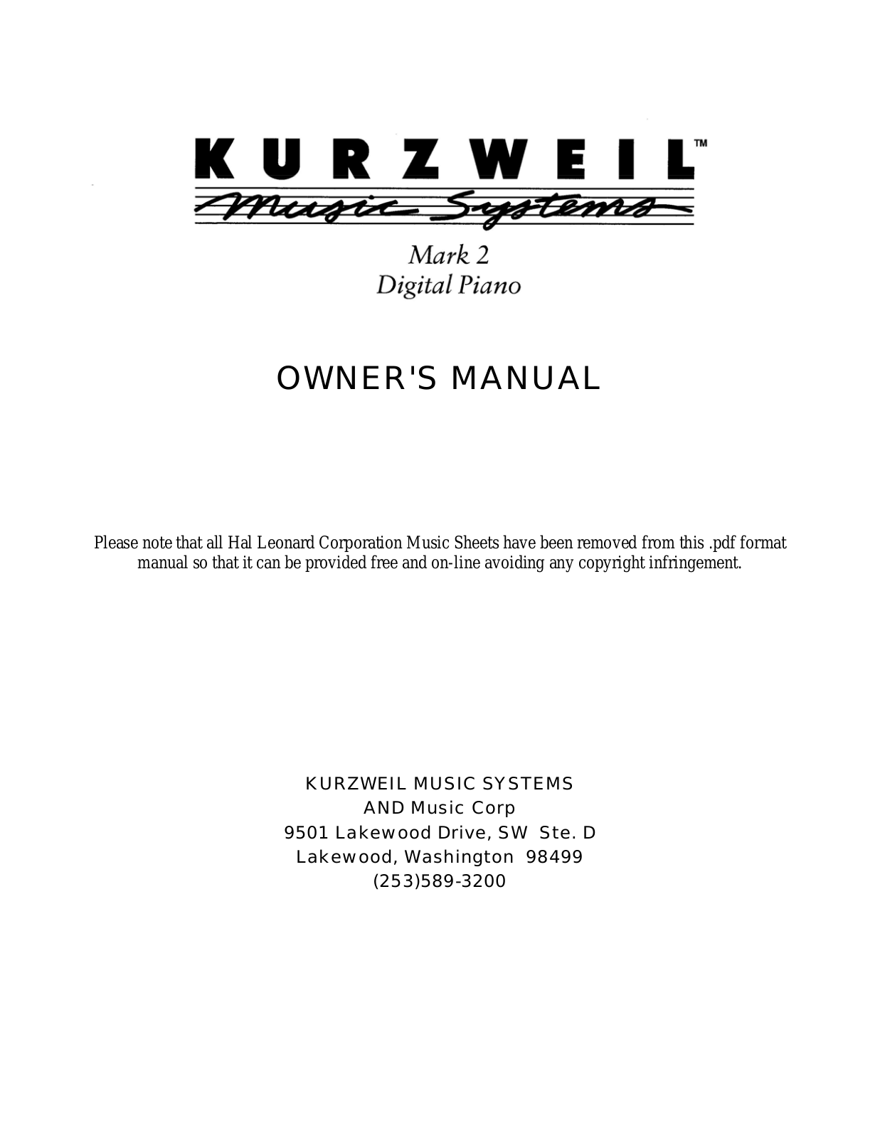 Kurzweil Music Systems Mark 2 User Manual