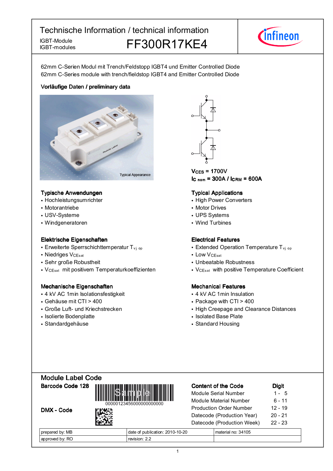 Infineon FF300R17KE4 Data Sheet