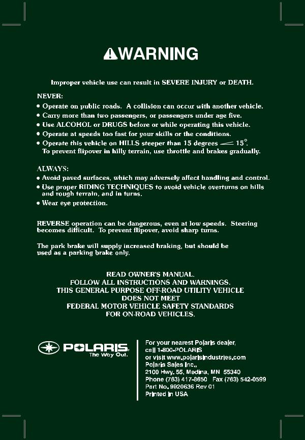 Polaris 4X4 700 EFI, 6X6 700 EFI User Manual