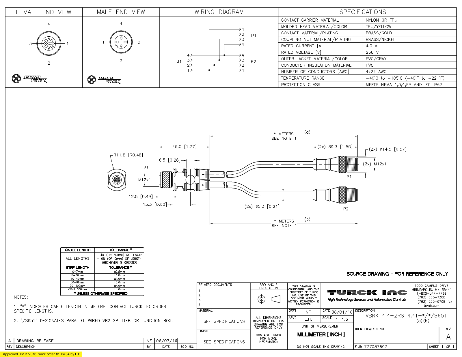 Turck VBRK4.4-2RS4.4T-2/2/S651 Specification Sheet