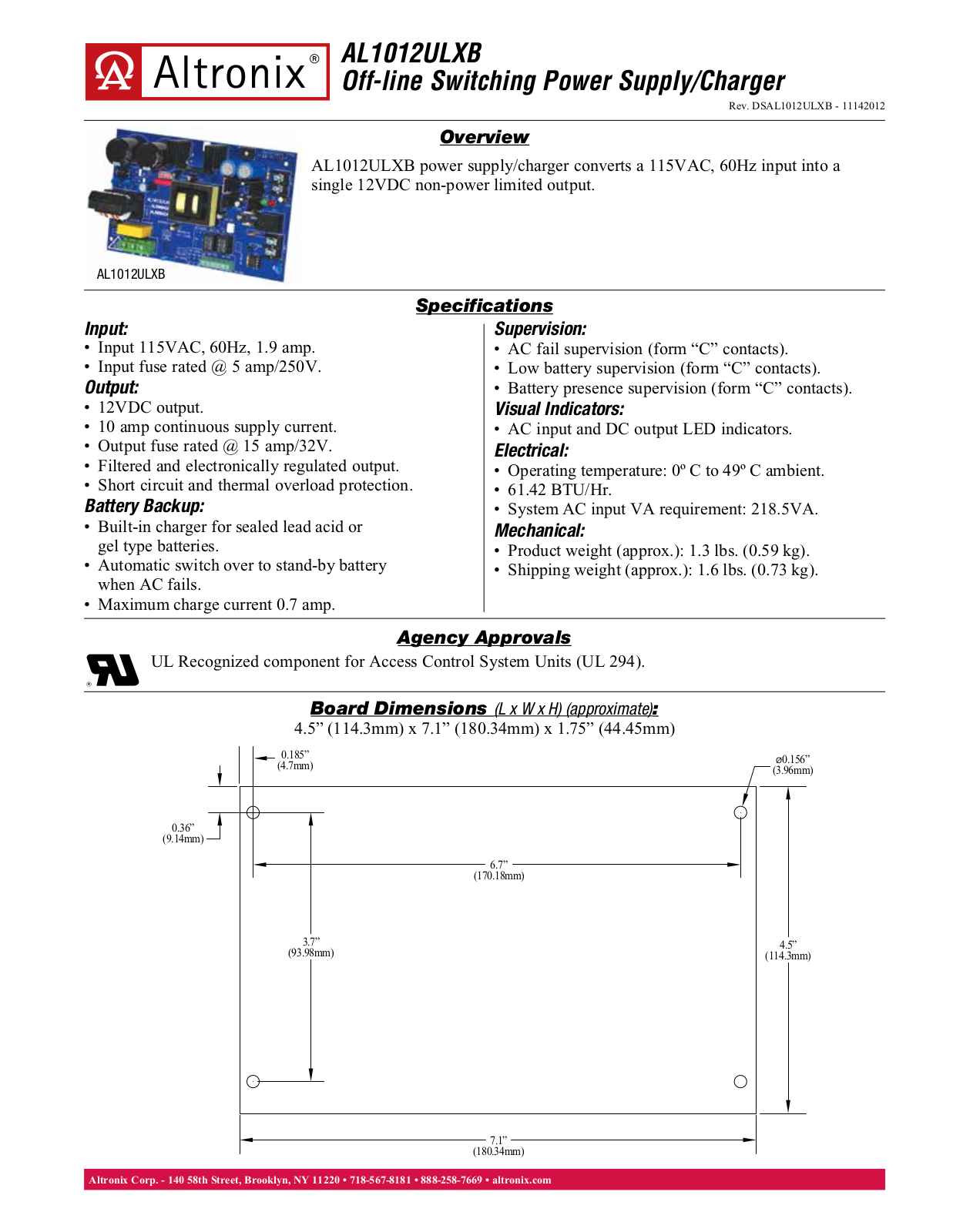 Altronix AL1012ULXB Specsheet