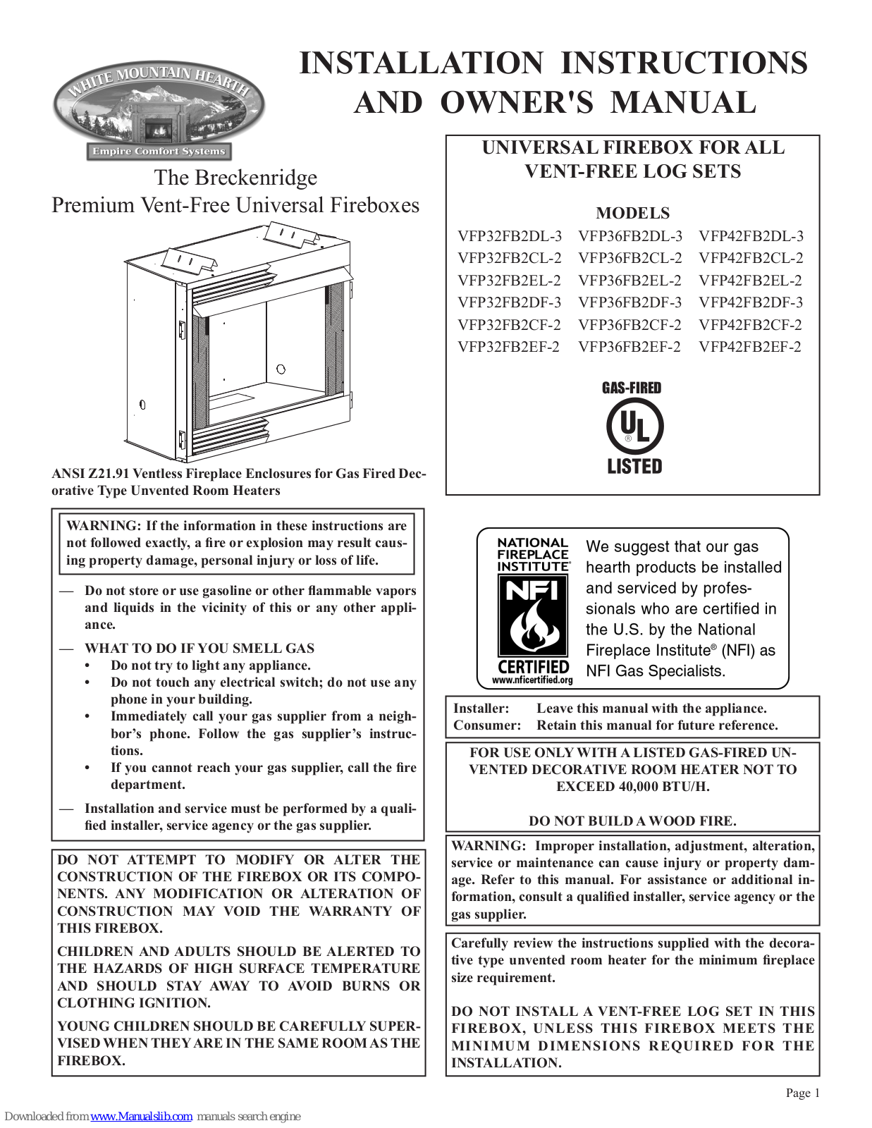 Empire Comfort Systems VFP36FB2CL-2, VFP36FB2DL-3, VFP42FB2CL-2, VFP32FB2EL-2, VFP36FB2EL-2 Installation Instructions And Owner's Manual