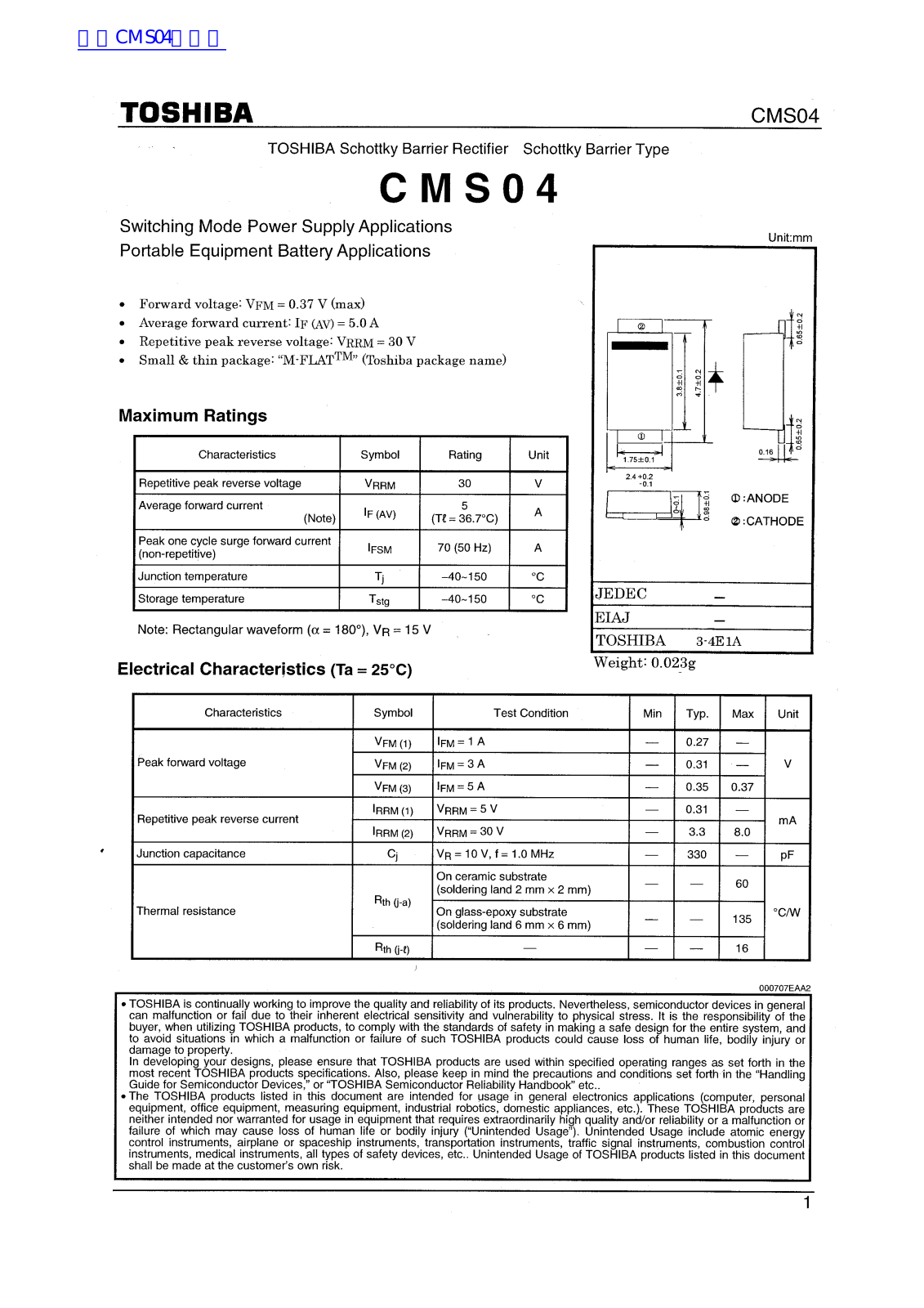 TOSHIBA CMS04 Technical data