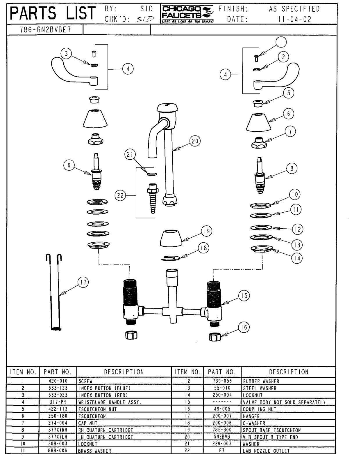 Chicago Faucet 786-GN2BVBE7CP Parts List